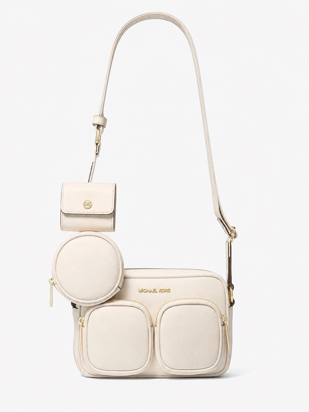 Michael Kors Jet Set Medium Leather Pocket Crossbody Tech Attachments Bag Purse